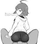  1boy 1girl ahoge annoyed ass bike_shorts blush bodyattk breasts clothed_female_nude_male from_behind greyscale hoodie huge_ass linne looking_back looking_down lying on_back reverse_cowgirl_position short_hair sideboob sitting solo under_night_in-birth 