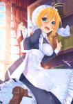  absurdres antenna_hair apron ayamori_mimi blonde_hair book bookshelf breasts commentary_request dress eyebrows_visible_through_hair frills green_eyes hair_between_eyes highres large_breasts long_sleeves looking_at_viewer maid maid_apron open_mouth puffy_sleeves solo tsurumaki_maki voiceroid 