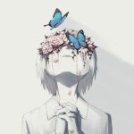  avogado6 bug butterfly commentary covered_eyes flower hands_clasped insect interlocked_fingers looking_up male_focus muted_color open_mouth original own_hands_together rose shirt solo spot_color tears 