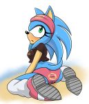  2018 anthro bandanna black_nose blush breasts camel_toe clothed clothing crossgender eyelashes female footwear fully_clothed green_eyes hedgehog looking_at_viewer mammal midriff panties polarplunge shirt shoes sonic_(series) sonic_the_hedgehog sweat t-shirt underwear wet_spot 