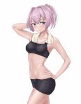  abs arm_up armpits bangs bare_arms bare_shoulders bike_shorts black_bra black_shorts blush bra collarbone commentary cowboy_shot eyebrows_visible_through_hair from_side grey_eyes groin hair_between_eyes hair_intakes hair_ornament hair_ribbon hand_on_hip kantai_collection navel parted_lips pink_hair pose remodel_(kantai_collection) ribbon shiranui_(kantai_collection) shorts simple_background solo soutou_(user_wzuw4587) sports_bra towel towel_around_neck twisted_torso underwear wet white_background white_ribbon white_towel 