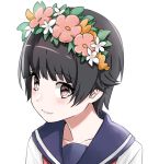  black_hair blue_sailor_collar brown_eyes flower hair_flower hair_ornament head_wreath i'm_egoist_nez sailor_collar sakugawa_school_uniform school_uniform serafuku short_hair simple_background smile solo to_aru_kagaku_no_railgun to_aru_majutsu_no_index uiharu_kazari upper_body white_background 