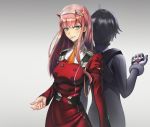  bodysuit darling_in_the_franxx hiro_(darling_in_the_franxx) horns murasaki_saki uniform zero_two_(darling_in_the_franxx) 