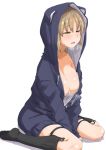  animal_ears black_legwear breasts brown_hair clearite eyebrows_visible_through_hair hood hoodie jacket large_breasts nijisanji open_clothes open_jacket open_mouth panda_ears short_hair sister_cleaire sitting solo virtual_youtuber wariza 