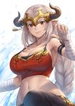  aliza_(granblue_fantasy) arm_ribbon armpits bandaged_arm bandaged_hands bandages bare_shoulders black_pants black_ribbon breasts brown_eyes closed_mouth collarbone commentary crop_top curvy draph fingernails forehead_protector granblue_fantasy grey_hair hand_up highres horns large_breasts leg_up long_hair looking_at_viewer midriff natsuyu navel pants pointy_ears red_tank_top ribbon sidelocks signature smile solo stomach strap_gap striped striped_ribbon tank_top v-shaped_eyebrows very_long_hair white_background 