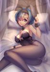  animal_ears ass bare_shoulders bed black_bow black_leotard blue_eyes blue_hair bow breasts bunny_ears bunny_girl bunny_tail bunnysuit closed_mouth covered_navel curtains curvy detached_collar ear_grab fake_animal_ears hair_between_eyes hair_ornament hair_over_one_eye highleg highleg_leotard highres hips john_117 large_breasts leotard looking_at_viewer lying on_bed on_side pantyhose pillow re:zero_kara_hajimeru_isekai_seikatsu rem_(re:zero) short_hair solo strapless strapless_leotard tail wrist_cuffs x_hair_ornament 