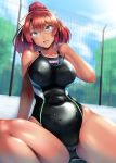  1girl 8000 blue_eyes breasts collarbone dark_skin erect_nipples_under_clothes glasses hair_ribbon large_breasts looking_at_viewer one-piece_swimsuit open_mouth orange_hair original ribbon sitting solo swimsuit thighs wet whistle 