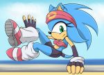  2018 anthro bandanna beach bike_shorts black_nose bra breasts clothed clothing crossgender ear_piercing eyelashes female fingerless_gloves footwear fully_clothed gloves green_eyes hedgehog looking_at_viewer mammal midriff outside piercing polarplunge seaside shoes shorts smile sonic_(series) sonic_the_hedgehog sports_bra underwear 