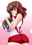  artist_name ass ball bangs brown_eyes brown_hair character_print closed_mouth commentary_request cowboy_shot dated from_behind fujimaru_arikui girls_und_panzer headband holding isobe_noriko kondou_taeko looking_to_the_side red_headband red_shirt red_shorts shirt short_hair short_shorts shorts sleeveless sleeveless_shirt smile solo sportswear standing volleyball_uniform 