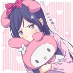  =3 anger_vein animal_ears ayasaka bangs blue_hair bow bunny_ears commentary_request dutch_angle fake_animal_ears flower hair_bow hair_flower hair_ornament heart heart_background holding holding_stuffed_animal long_hair long_sleeves love_live! love_live!_sunshine!! matsuura_kanan my_melody onegai_my_melody parted_bangs pink_background pink_shirt polka_dot polka_dot_bow purple_eyes red_bow shirt solo striped striped_background stuffed_animal stuffed_toy translation_request upper_body v-shaped_eyebrows vertical-striped_background vertical_stripes 
