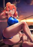  1girl 8000 :p ass blue_eyes blush breasts dark_skin erect_nipples_under_clothes glasses hair_ribbon head_tilt large_breasts legs looking_at_viewer one-piece_swimsuit orange_hair original ribbon shiny_skin sitting smile solo sunset swimsuit thighs tongue tongue_out wet 