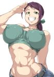  abs bare_shoulders belt breasts collarbone covered_nipples crop_top denim green_eyes idolmaster idolmaster_cinderella_girls impossible_clothes jeans large_breasts looking_at_viewer midriff muscle muscular_female navel ouka_(oukakaka) pants ponytail puffy_nipples purple_hair salute sharp_teeth simple_background solo standing stomach teeth toned upper_body white_background yamato_aki 