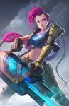  1girl bare_shoulders braid breasts choker gloves green_eyes jacket jewelry jinx_(league_of_legends) laser_gun league_of_legends lipstick long_hair looking_at_viewer makeup mechanical_arm necklace odyssey_jinx prosthesis prosthetic_arm purple_hair single_glove small_breasts smile solo tank_top very_long_hair weapon 
