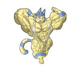  2016 abs animal_crossing ankha anthro biceps blue_hair cat clothed clothing digital_media_(artwork) egyptian fangs feline female fur growth hair hyper hyper_muscles mammal muscle_growth muscular muscular_female navel nintendo nipples pecs simple_background solo standing video_games yellow_fur zarufuu 