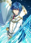  belt blue_hair brown_eyes cape commentary_request copyright_request earrings fighting_stance fingerless_gloves frown gloves highres hinata_(uzukitten) jewelry male_focus necktie official_art red_neckwear sheath slashing solo standing stud_earrings sword weapon white_cape 