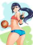  1boy ass basketball blue_eyes blue_hair boyshorts eyepatch from_behind highres looking_at_viewer original pallasite ponytail short_shorts shorts smile sports_bra thighs trap 