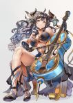  augusta_(granblue_fantasy) bare_shoulders bikini black_bikini black_bow black_footwear black_gloves blue_skirt bow bow_(instrument) breasts cello cleavage closed_mouth commentary draph feathers gloves granblue_fantasy hair_feathers hair_ornament himuro_(dobu_no_hotori) holding holding_instrument horns instrument large_breasts leg_strap long_hair music playing_instrument sitting skirt swimsuit thigh_strap underboob yellow_eyes 