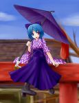  alternate_costume bashamichi blue_hair blue_sky boots brown_footwear cross-laced_footwear heterochromia holding holding_umbrella koki110-6 lace-up_boots long_skirt looking_at_viewer short_hair sitting skirt sky tatara_kogasa tongue tongue_out touhou umbrella yagasuri 