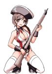  aegis_(nerocc) american_revolution bangs between_breasts bicorne black_collar black_footwear black_hat boots braid breasts british brown_eyes brown_hair commentary eyebrows_visible_through_hair full_body girls_und_panzer gun hair_ornament hair_over_shoulder hairclip hat highleg highleg_leotard holding holding_gun holding_weapon kneeling leotard light_smile long_hair looking_at_viewer medium_breasts necktie open_mouth red_leotard red_neckwear rifle rukuriri simple_background single_braid solo thighhighs weapon white_background white_legwear wing_collar wrist_cuffs 