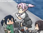  bicycle bicycle_basket blank_eyes blue_eyes blue_hair brown_hair cellphone commentary_request dated empty_eyes gloves green_eyes ground_vehicle hair_bobbles hair_ornament hair_ribbon hamu_koutarou hayasui_(kantai_collection) headband jacket japanese_clothes kantai_collection kimono multiple_girls neck_ribbon phone pleated_skirt ponytail purple_hair red_ribbon ribbon riding shiranui_(kantai_collection) shirt short_hair short_ponytail skirt smartphone solid_oval_eyes souryuu_(kantai_collection) track_jacket twintails vest white_gloves white_shirt 