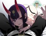  2girls ass blue_hair breasts cleavage commentary fate/grand_order fate_(series) fujimaru_ritsuka_(male) hair_ornament horns kaikodou_kana kiyohime_(fate/grand_order) long_hair looking_at_viewer lying multiple_girls on_back oni oni_horns pov purple_eyes short_hair shuten_douji_(fate/grand_order) small_breasts smile sweatdrop teeth yellow_eyes 