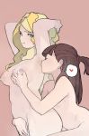  2girls armpit blush breasts brown_hair couple diana_cavendish kagari_atsuko lactation licking little_witch_academia looking_at_another milk moaning multicolored_hair multiple_girls nipples simple_background yuri 