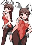  :d aegis_(nerocc) animal_ears ass black_legwear braid brown_eyes brown_hair bunny_ears bunny_tail bunnysuit closed_eyes commentary detached_collar eyebrows_visible_through_hair fake_animal_ears fake_tail from_behind girls_und_panzer hair_ornament hairclip hand_on_hip highleg highleg_leotard highres leotard long_hair looking_at_viewer looking_back multiple_views open_mouth pantyhose parted_lips raised_eyebrow red_leotard rukuriri simple_background single_braid smile standing tail white_collar wrist_cuffs 