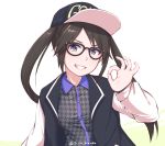 baseball_cap black-framed_eyewear black_hair blue_eyes commentary disco_brando english_commentary glasses grin hat idolmaster idolmaster_shiny_colors long_hair looking_at_viewer mitsumine_yuika ok_sign simple_background smile solo twintails twitter_username underwear white_background 