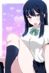  blue_hair blush bow bowtie breasts condom condom_in_mouth green_neckwear heart hera_(hara0742) highres kneehighs large_breasts long_hair mouth_hold original pleated_skirt purple_background school_uniform short_sleeves skirt solo 