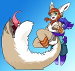  2017 anthro clothing fur hair honky_kat hug hugging_from_behind living_tail purple_fur red_hair sibelle sybil tail_mouth tongue white_fur zipper 
