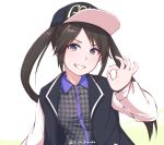  baseball_cap black_hair blue_eyes disco_brando grin hat idolmaster idolmaster_shiny_colors long_hair looking_at_viewer mitsumine_yuika ok_sign simple_background smile solo twintails twitter_username underwear white_background 