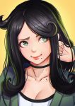  black_hair choker close-up closed_mouth collarbone commission face green_eyes lips long_hair looking_to_the_side magion02 mole mole_under_mouth original portrait smile solo yellow_background 