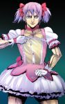  araki_hirohiko_(style) bangs blue_eyes bow brooch choker commentary_request cosplay cowboy_shot crossdressing dress fabulous giorno_giovanna gloves gradient gradient_background hair_bow jewelry jojo_no_kimyou_na_bouken jojo_pose kaname_madoka kaname_madoka_(cosplay) magical_girl mahou_shoujo_madoka_magica male_focus manly mushi_gyouza pleated_skirt pose puffy_dress puffy_short_sleeves puffy_sleeves purple_hair red_bow red_choker short_dress short_hair short_sleeves short_twintails simple_background skirt solo twintails vento_aureo white_gloves 