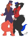 anthro arousal awkward balls blush canine clothed clothing demon digital_media_(artwork) drakerogers duo erection fox frottage fur hair half-naked handshake hat horn humanoid_penis incubus lgslam lomas male male/male mammal penis sex simple_background smile standing teeth top_hat 
