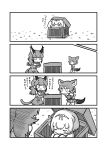  animal_ears anteater_ears black-backed_jackal_(kemono_friends) bow bowtie caracal_(kemono_friends) caracal_ears caracal_tail comic elbow_gloves eyebrows_visible_through_hair fang gloves greyscale hair_bow high-waist_skirt highres in_container jackal_ears jackal_tail kemono_friends kotobuki_(tiny_life) long_hair long_sleeves monochrome multicolored_hair multiple_girls pleated_skirt short_hair sidelocks silky_anteater_(kemono_friends) skirt sleeping sleeveless translated vest zzz 