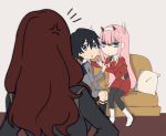  2girls bangs black_hair black_legwear blue_eyes boots brown_hair commentary couch couple darling_in_the_franxx english_commentary eyebrows_visible_through_hair green_eyes hair_ornament hairband hand_on_another's_shoulder hetero highres hiro_(darling_in_the_franxx) horns k_016002 long_hair long_sleeves looking_at_another military military_uniform multiple_girls mushroom nana_(darling_in_the_franxx) necktie oni_horns orange_neckwear pantyhose pillow pink_hair protected_link red_horns red_neckwear sitting socks sweatdrop uniform white_footwear white_hairband zero_two_(darling_in_the_franxx) 