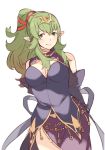  ai-wa arms_behind_back bare_shoulders breasts chiki cleavage closed_mouth commentary_request cosplay dress elbow_gloves fire_emblem fire_emblem:_kakusei fire_emblem:_monshou_no_nazo fire_emblem:_rekka_no_ken fire_emblem_heroes gloves green_eyes green_hair highres large_breasts long_hair mamkute pointy_ears ponytail side_slit simple_background smile solo tiara ursula_(fire_emblem) ursula_(fire_emblem)_(cosplay) white_background 