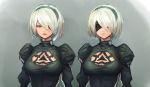  black_hairband blindfold breasts cleavage cleavage_cutout closed_mouth hair_over_one_eye hairband juliet_sleeves large_breasts long_sleeves mole mole_under_mouth nier_(series) nier_automata open_mouth potato_(sksnabi) puffy_sleeves short_hair solo teeth turtleneck upper_body white_eyes white_hair yorha_no._2_type_b 
