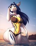  2018 anthro bikini black_nose blue_eyes blue_hair breasts canine clothed clothing day digital_media_(artwork) dog female fur hair mammal midriff outside partially_submerged sky solo spefides standing swimsuit water white_fur 