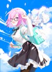  alternate_costume backpack bag black_skirt blouse cloud eyes_visible_through_hair fate/grand_order fate_(series) fou_(fate/grand_order) glasses hair_over_one_eye highres mash_kyrielight mona0101 neck_ribbon open_mouth pantyhose petticoat pink_hair purple_eyes ribbon skirt sky smile white_blouse 