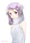  arms_behind_back bangs casual closed_mouth commentary_request dress halterneck long_hair looking_to_the_side meme_attire nakasawa_kei purple_eyes purple_hair ribbed_dress ribbed_sweater saki simple_background sleeveless sleeveless_dress smile solo standing suehara_kyouko sweater turtleneck twitter_username upper_body virgin_killer_sweater white_background white_sweater 