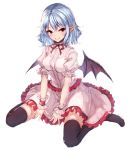  bat_wings black_legwear blue_hair blush breasts commentary dress eyebrows_visible_through_hair frills full_body hair_between_eyes highres junior27016 looking_at_viewer medium_breasts neck_ribbon no_hat no_headwear no_shoes pink_dress pointy_ears puffy_short_sleeves puffy_sleeves red_eyes red_neckwear red_ribbon remilia_scarlet ribbon short_hair short_sleeves simple_background sitting smile solo thighhighs touhou wariza white_background wings wrist_cuffs zettai_ryouiki 