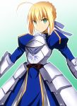  ahoge armor armored_dress artoria_pendragon_(all) blonde_hair braid fate/stay_night fate_(series) french_braid gauntlets gradient gradient_background green_background green_eyes hair_bun hera_(hara0742) highres looking_at_viewer saber sidelocks smile solo 