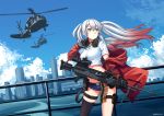  absurdres aircraft ammunition_belt aqua_eyes bangs black_legwear blue_sky breasts choker cityscape cloud commentary_request crop_top day floating_hair girls_frontline gloves gun hair_between_eyes hair_ornament hairclip hand_on_headset headset helicopter highres holding holding_gun holding_weapon jacket long_hair looking_away lwmmg_(girls_frontline) machine_gun midriff multicolored_hair ndtwofives off_shoulder outdoors red_jacket scenery shirt short_shorts shorts sidelocks silver_hair single_thighhigh skindentation sky solo standing star star_choker thigh_strap thighhighs thighs twintails twitter_username two-tone_hair weapon white_shirt wind wind_lift 