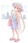  bag bandaid bandaid_on_knee bare_shoulders blonde_hair bracelet brown_eyes cityscape commentary_request flower food full_body futaba_anzu hair_flower hair_ornament hand_in_pocket hat idolmaster idolmaster_cinderella_girls jewelry long_hair low_twintails matsuo_yuusuke pocky sandals shorts shoulder_bag sketch solo sun_hat tank_top twintails 