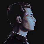  android black_background close-up connor_(detroit) detroit:_become_human expressionless face highres ilya_kuvshinov jacket male_focus open_clothes open_jacket profile solo spot_color 