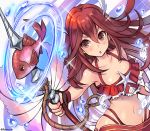  bare_shoulders bikini breasts cleavage collarbone dutch_angle eyebrows_visible_through_hair feathers fingerless_gloves fire_emblem fire_emblem:_kakusei fire_emblem_heroes fish frilled_bikini frills fujimaru_(green_sparrow) gloves hair_between_eyes hair_feathers long_hair navel open_mouth polearm red_hair small_breasts solo spear swimsuit tiamo twitter_username upper_body water weapon 