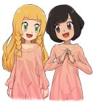  :d black_hair blonde_hair blush braid breasts collarbone commentary covered_navel eyebrows_visible_through_hair green_eyes hands_together lillie_(pokemon) long_hair long_sleeves looking_at_another mizuki_(pokemon) multiple_girls nyonn24 open_mouth pajamas pink_pajamas pokemon pokemon_(game) pokemon_sm see-through_silhouette short_hair simple_background small_breasts smile twin_braids white_background 