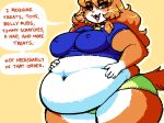  2017 5_fingers amber_eyes anthro belly big_belly big_breasts breasts brown_fur brown_hair cat clothed clothing collar deep_navel dialogue digital_media_(artwork) english_text feline female fully_clothed fur hair hand_on_stomach long_hair looking_at_viewer mammal midriff multicolored_fur navel nipple_bulge obese obese_female open_mouth overweight overweight_female panties pink_nose sharp_teeth simple_background solo standing teeth text thick_thighs tongue two_tone_fur underwear w-oo-t white_fur wide_hips 