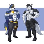  2018 absurd_res agonylight anthro belt black_nose blue_fur blue_hair canine clothed clothing discordnight fluffy fluffy_tail fur guzreuef hair hi_res highlights lying male mammal muscular muscular_male on_back pecs pose shirt smile solo sound wolf yellow_eyes yellow_highlights 